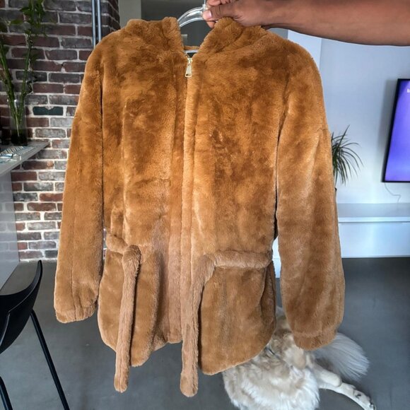 Urban Outfitters Brown Faux Fur Zip-Up Waist Tie Hooded Coat Size XS - Picture 1 of 3